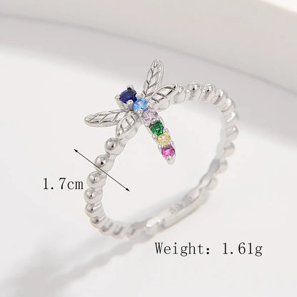 Sterling Silver White Gold Plated Princess Sweet Inlay Beetles Dragonfly Butterfly Zircon Rings