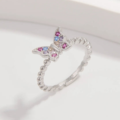 Sterling Silver White Gold Plated Princess Sweet Inlay Beetles Dragonfly Butterfly Zircon Rings