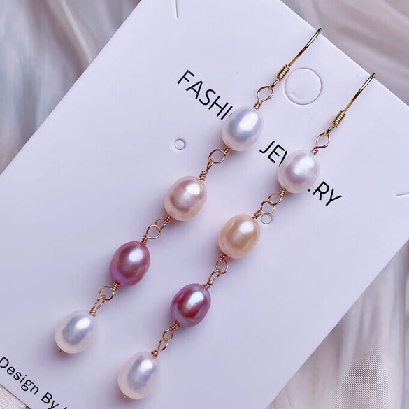Sterling Silver Women's Rice Bead And Freshwater Pearl Earrings