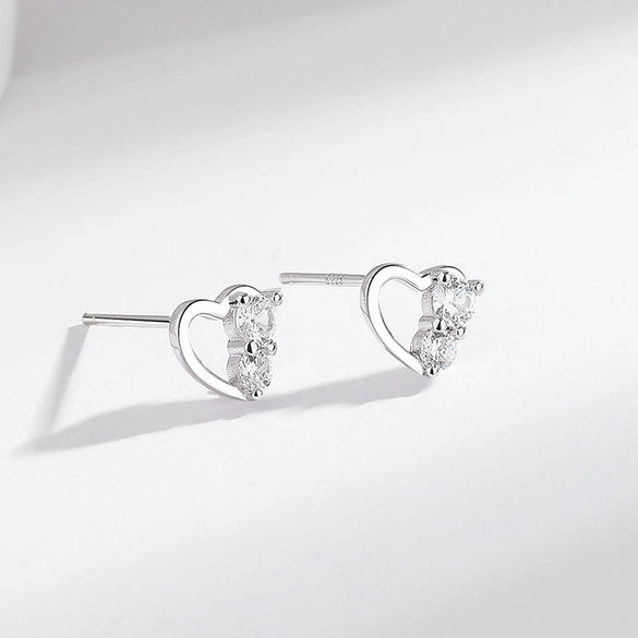 Sterling Silver Women's Small Fresh Diamond Hollow Heartshaped Earrings