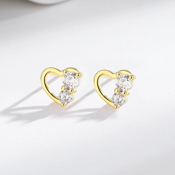 Sterling Silver Women's Small Fresh Diamond Hollow Heartshaped Earrings