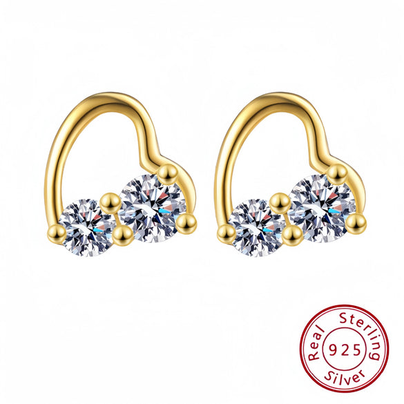 Sterling Silver Women's Small Fresh Diamond Hollow Heartshaped Earrings