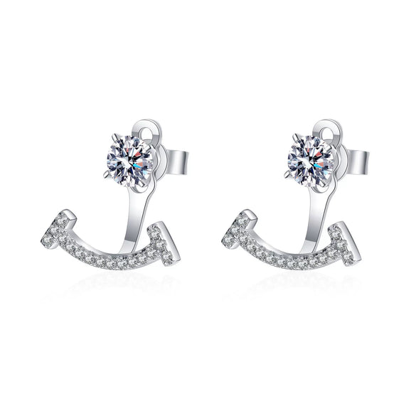 925 Sterling Silver Women's Smile Stud Earrings With Four Prong Set Micro Inlaid Moissanite Diamond Look Design