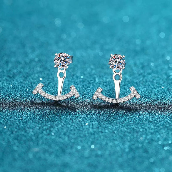 925 Sterling Silver Women's Smile Stud Earrings With Four Prong Set Micro Inlaid Moissanite Diamond Look Design