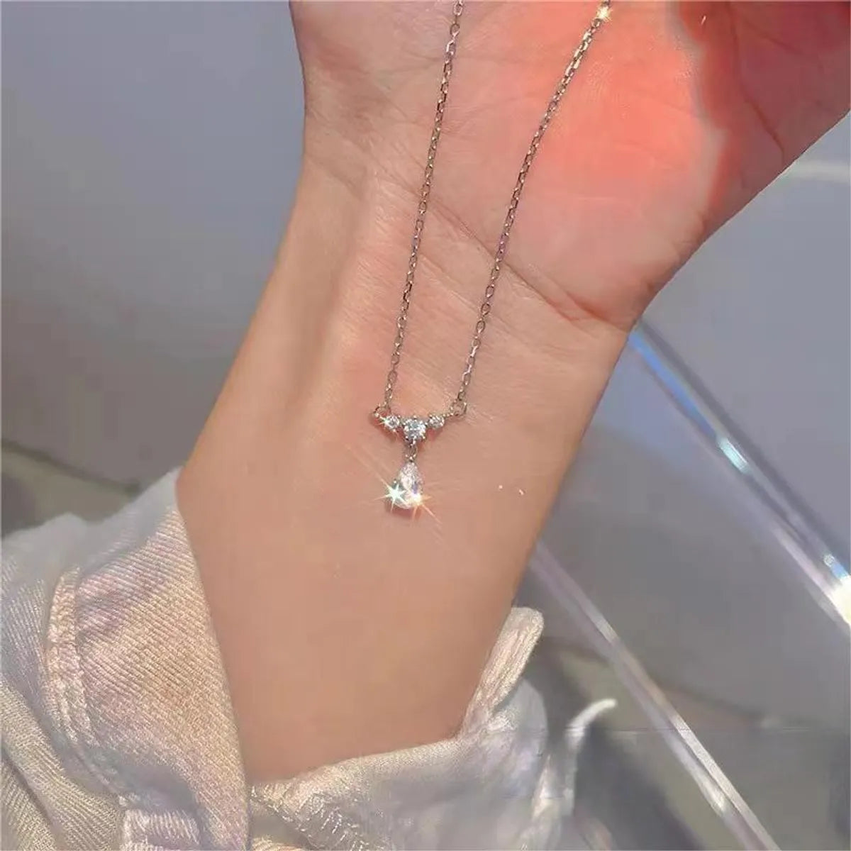 Sterling Silver Zircon Inlay Water Droplets Pendant Necklace