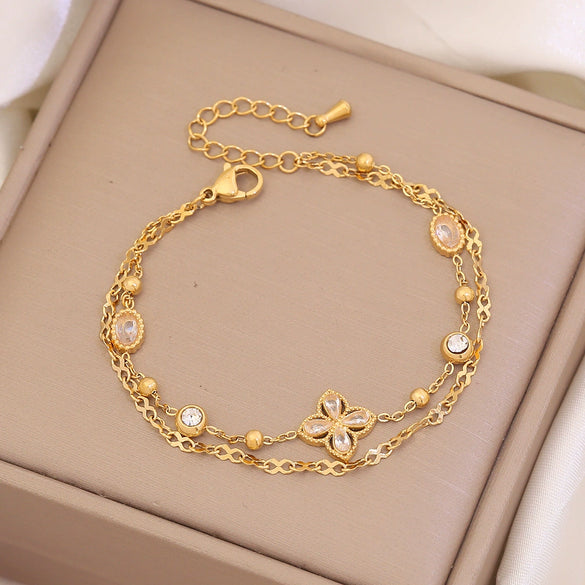 Sticky Diamond Flower Double Imitation Pearl Bracelet In Titanium Steel For Women Electroplated Jewelry