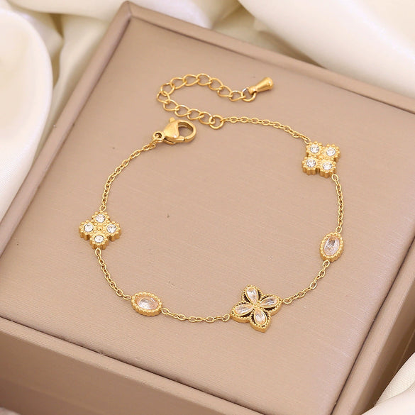 Sticky Diamond Flower Double Imitation Pearl Bracelet In Titanium Steel For Women Electroplated Jewelry