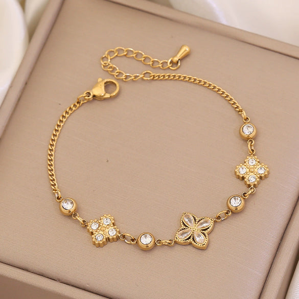 Sticky Diamond Flower Double Imitation Pearl Bracelet In Titanium Steel For Women Electroplated Jewelry