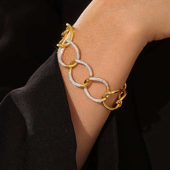 Stitching Ring Bracelet In Cool Punk Style With Stainless Steel And Rhinestone Geometric Design Electroplated