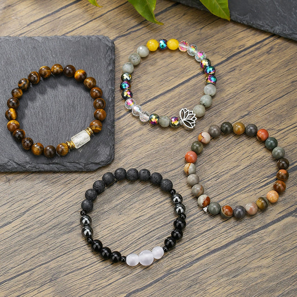 Stone Beaded Handmade Unisex Facet Gem Grey Moonlight Colorful Black Gallstone Lotus Tiger Eye Crystal Bracelet