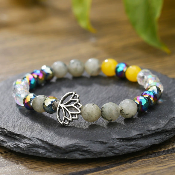 Stone Beaded Handmade Unisex Facet Gem Grey Moonlight Colorful Black Gallstone Lotus Tiger Eye Crystal Bracelet