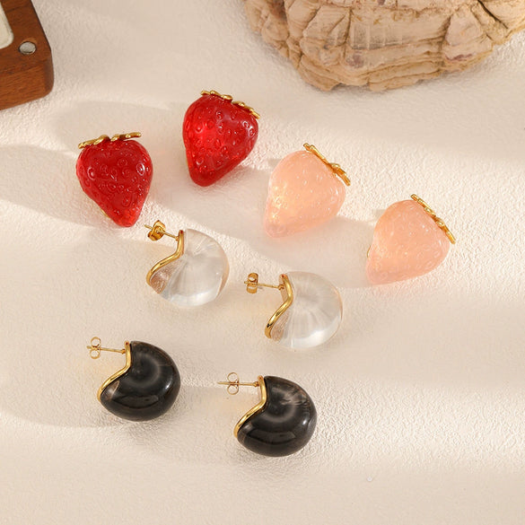 Strawberry Resin Stainless Steel Women's Geometric Earrings 18K Gold Plated Electroplated