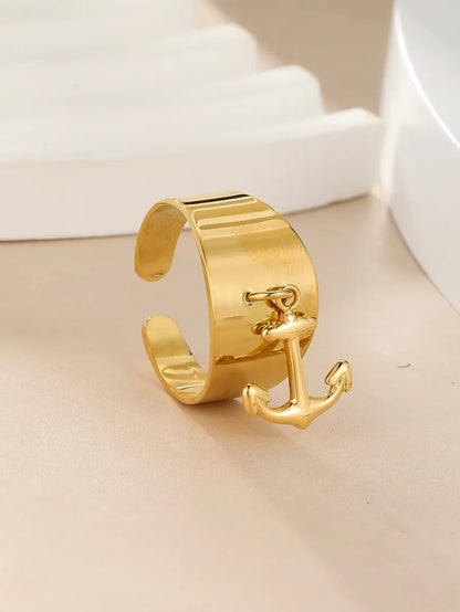 Streetwear Anchor Stainless Steel Plating 18k Gold Plated Open Rings