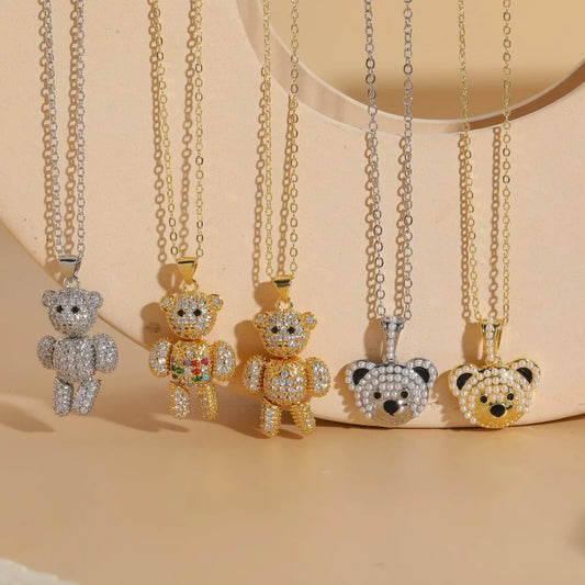 Streetwear Bear Copper 14k Gold Plated Zircon Necklace In Bulk