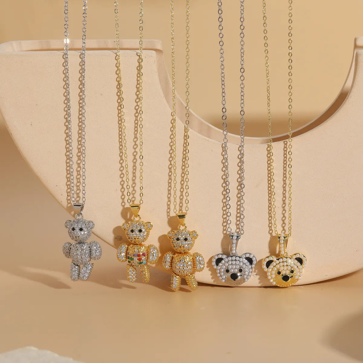 Streetwear Bear Copper 14k Gold Plated Zircon Necklace In Bulk