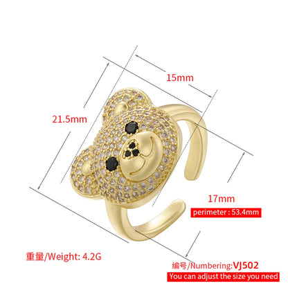 Streetwear Bear Copper Plating Inlay Zircon 18k Gold Plated Open Rings