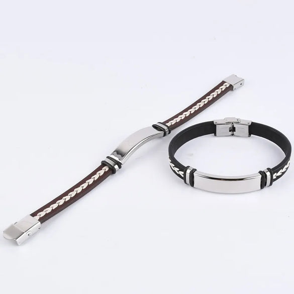 Streetwear Color Block 201 Stainless Steel Pu Leather Unisex Wristband Men Cord & Leather Bracelets