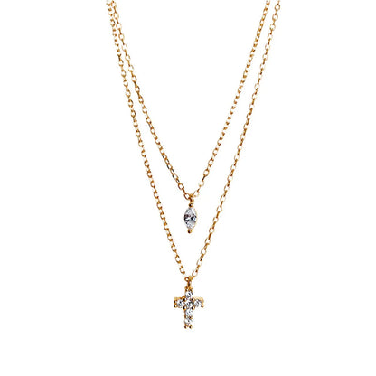 Streetwear Cross Copper Inlay Zircon Double Layer Necklaces