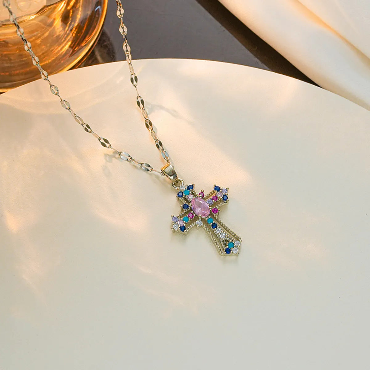 Streetwear Cross Titanium Steel Inlay Zircon Pendant Necklace