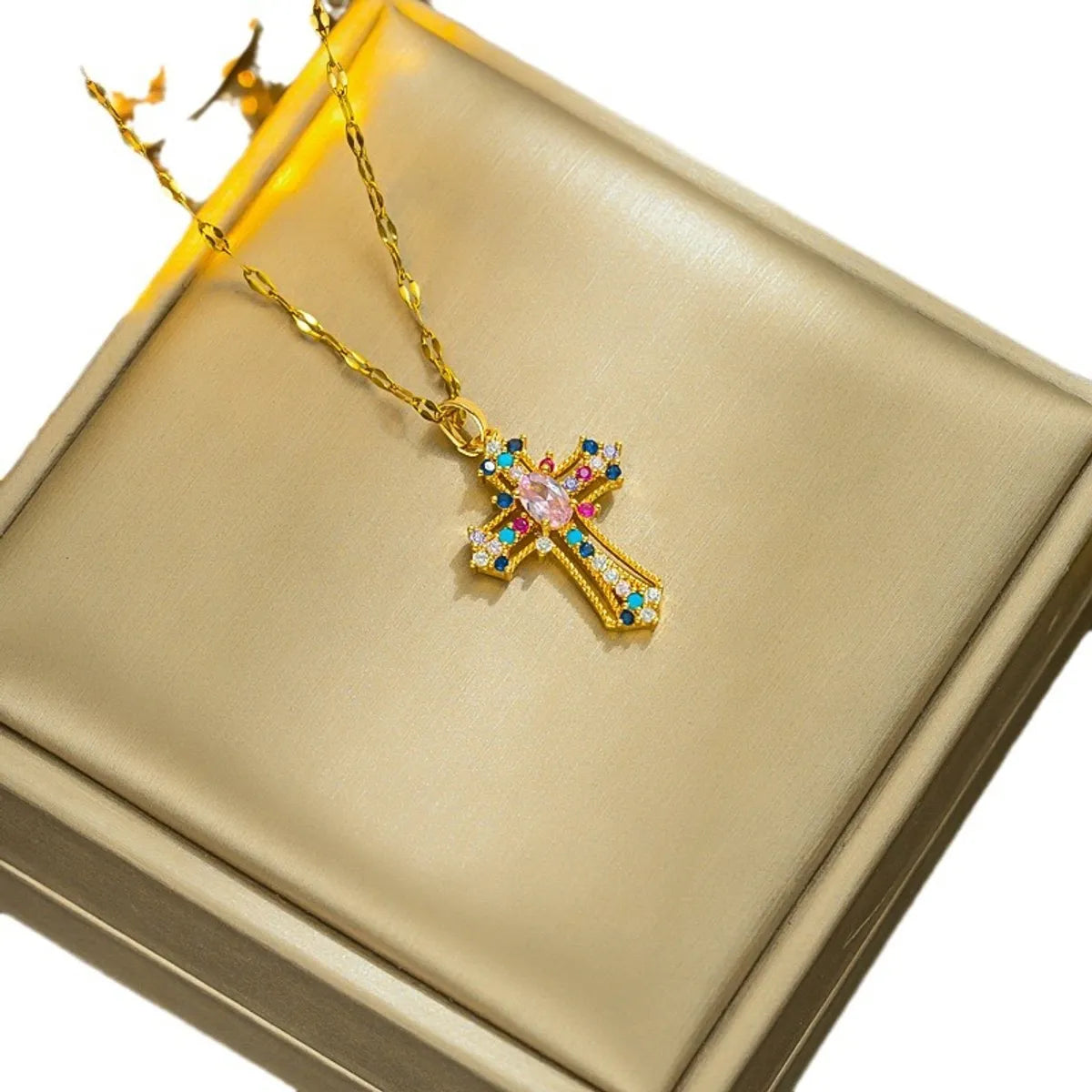 Streetwear Cross Titanium Steel Inlay Zircon Pendant Necklace