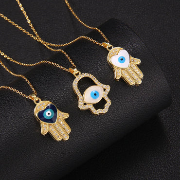 Streetwear Devil's Eye Hand Of Fatima Titanium Steel Copper Zircon Pendant Necklace In Bulk