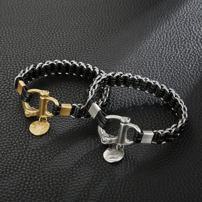 Streetwear Geometric Pu Leather Titanium Steel Braid Men'S Bracelets