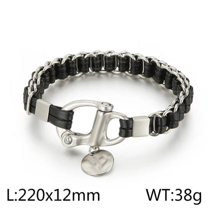 Streetwear Geometric Pu Leather Titanium Steel Braid Men'S Bracelets