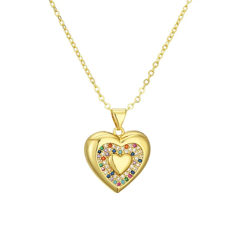 Streetwear Heart Shape Copper Plating Inlay Zircon Gold Plated Pendant Necklace