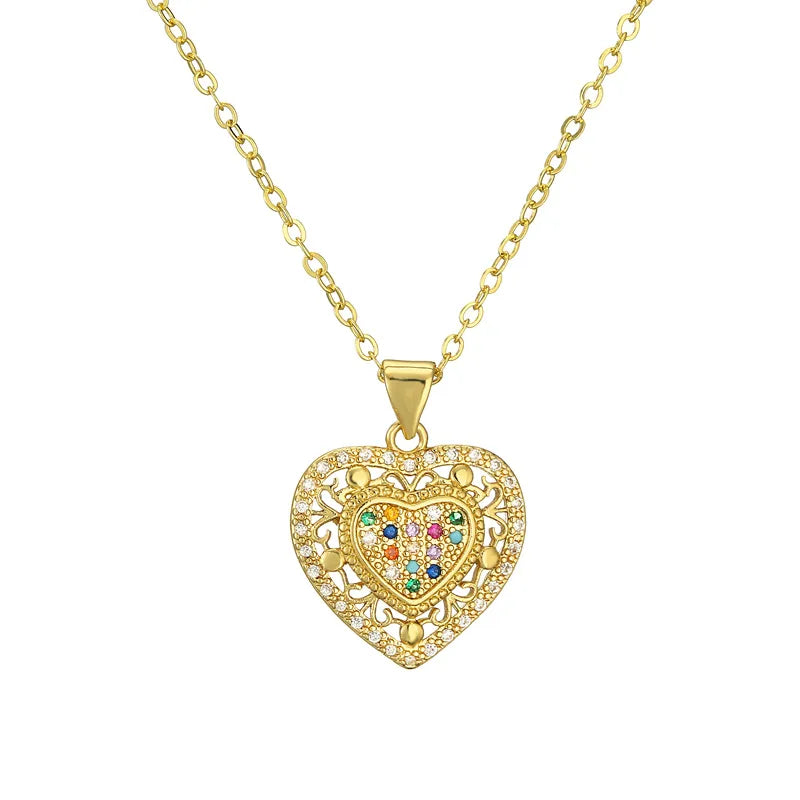 Streetwear Heart Shape Copper Plating Inlay Zircon Gold Plated Pendant Necklace