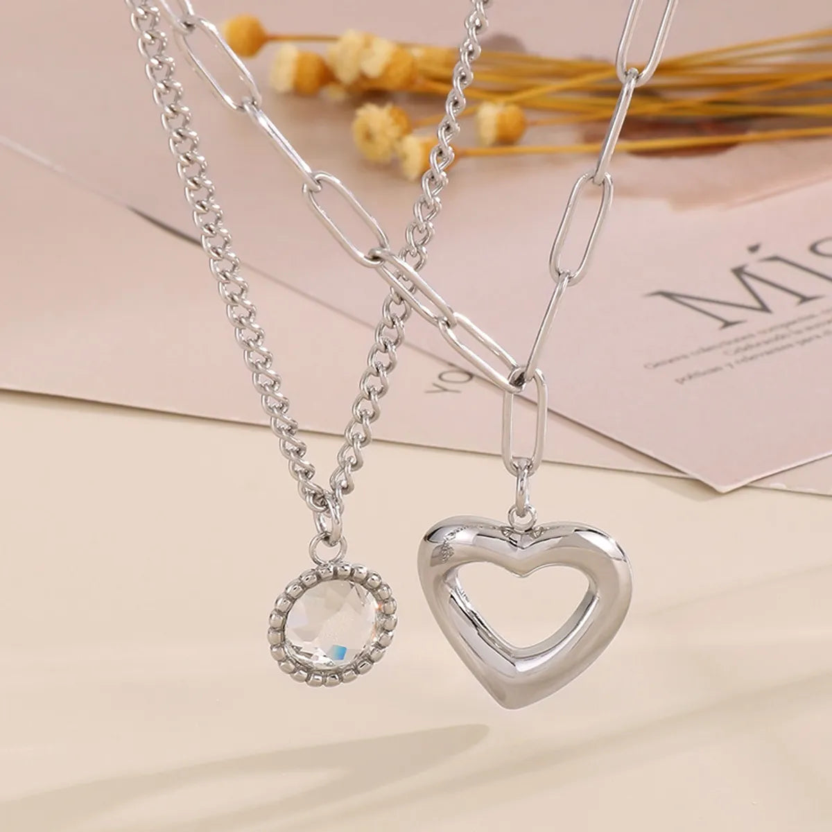 Streetwear Heart Shape Stainless Steel Plating Inlay Glass Gold Plated Layered Necklaces