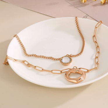 Streetwear Heart Shape Stainless Steel Plating Inlay Glass Gold Plated Layered Necklaces