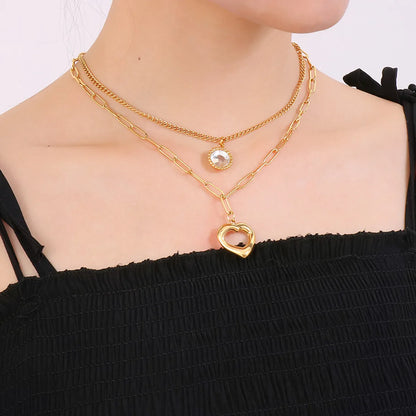 Streetwear Heart Shape Stainless Steel Plating Inlay Glass Gold Plated Layered Necklaces