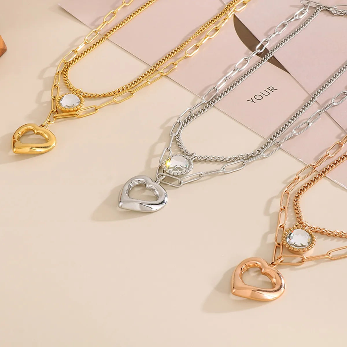 Streetwear Heart Shape Stainless Steel Plating Inlay Glass Gold Plated Layered Necklaces