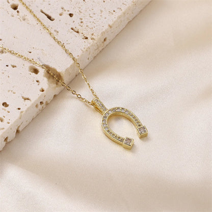 Streetwear Horseshoe Stainless Steel Titanium Steel Plating Inlay Artificial Diamond Pendant Necklace