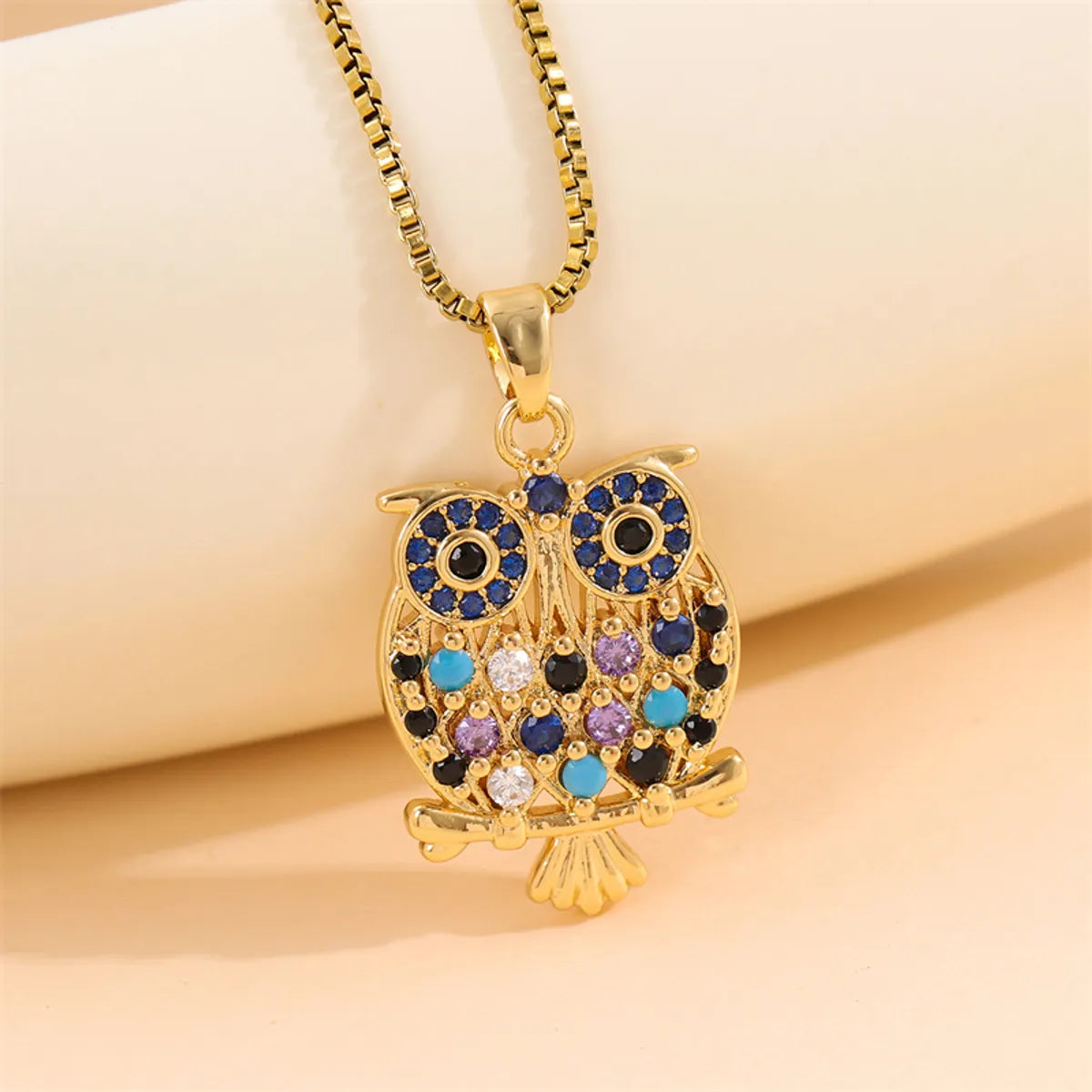 Streetwear Owl Stainless Steel Titanium Steel Plating Inlay Zircon 18k Gold Plated Necklace