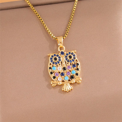 Streetwear Owl Stainless Steel Titanium Steel Plating Inlay Zircon 18k Gold Plated Necklace