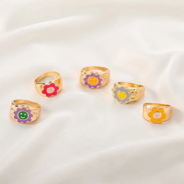 Streetwear Smiley Face Flower Alloy Enamel Plating Women's Rings