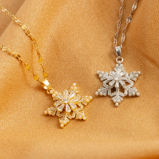 Streetwear Snowflake Stainless Steel Copper Plating Inlay Pearl Zircon 18k Gold Plated Pendant Necklace