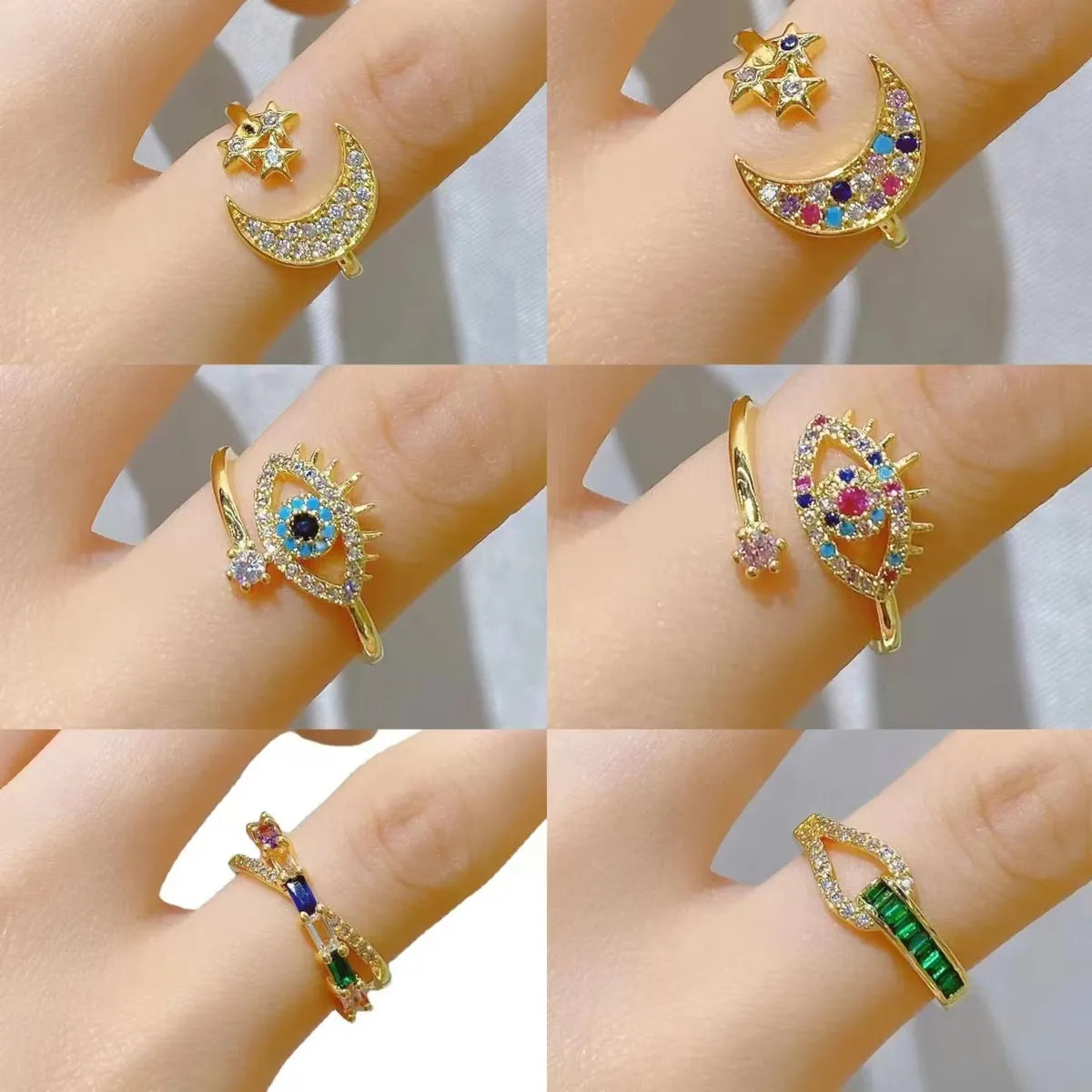 Streetwear Star Moon Eye Copper Zircon Open Ring In Bulk