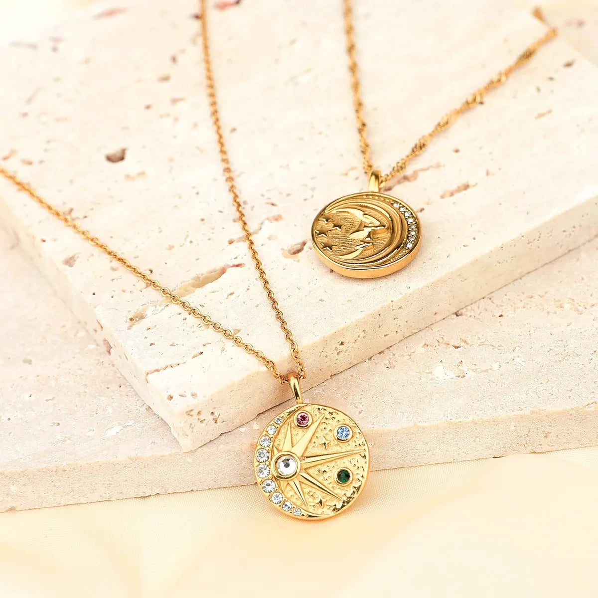 Wholesale Jewelry Streetwear Sun Moon Coin Stainless Steel Metal Titanium Steel Zircon Gold Plated Plating Inlay Pendant Necklace