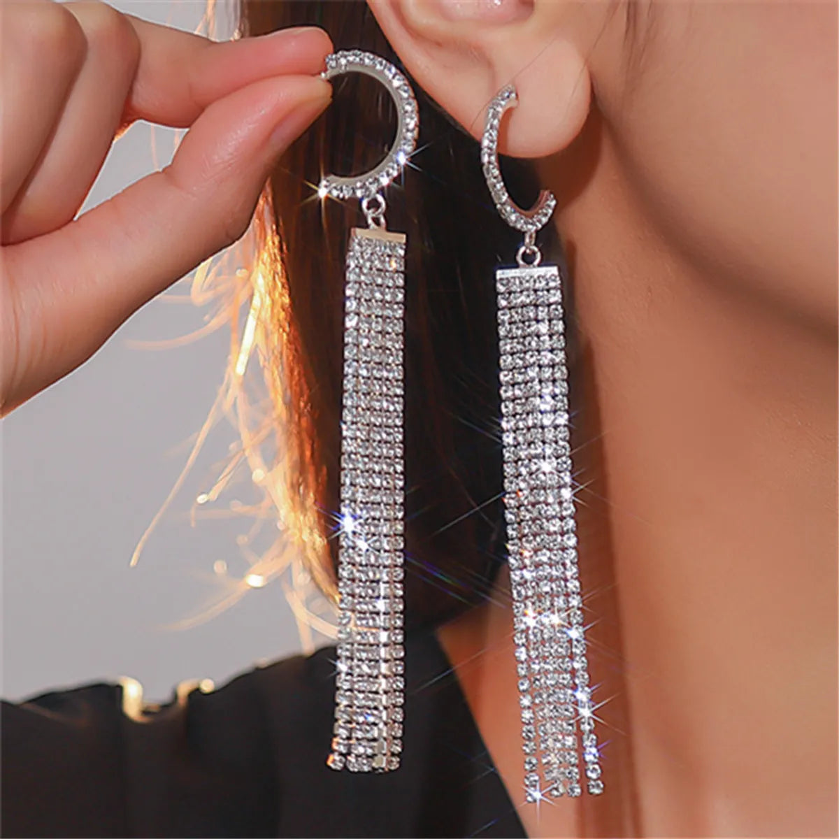 Streetwear Tassel Copper Plating Inlay Rhinestones Silver Plated Women's Drop Earrings