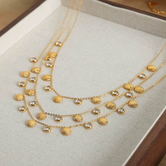 Striped Geometric Shell Zircon Pendant Necklace Titanium Steel 18K Gold Electroplated Double Sided Wear Women's Jewelry