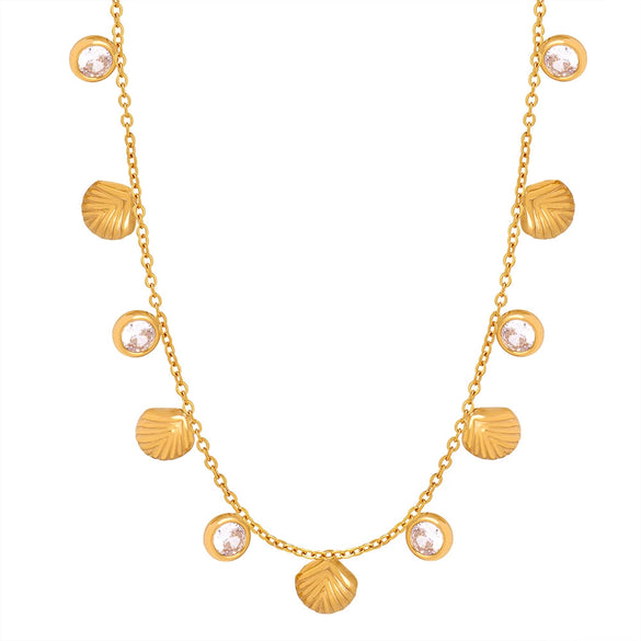Striped Geometric Shell Zircon Pendant Necklace Titanium Steel 18K Gold Electroplated Double Sided Wear Women's Jewelry
