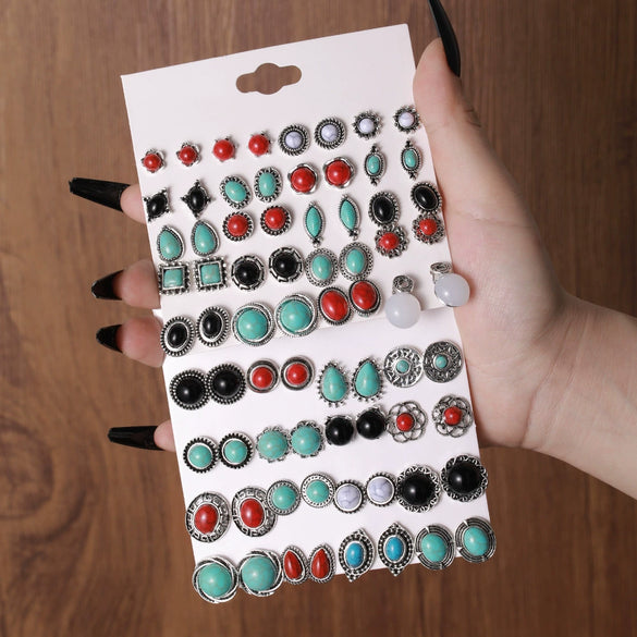Stud Earrings Imitation Pine Stone Geometric Hollow Flower Electroplated Stainless Steel