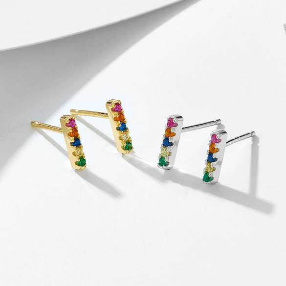 Stud Earrings Silver Microinlaid Color Zircon Geometric Style