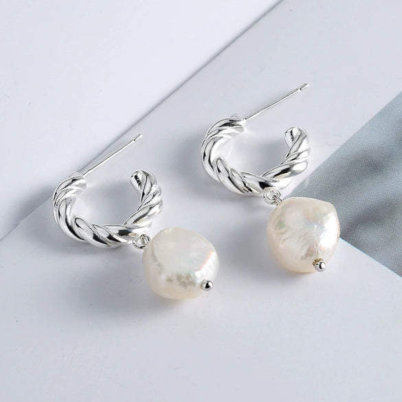 Stud Earrings 925 Sterling Silver Baroque Freshwater Pearl Geometric Electroplated