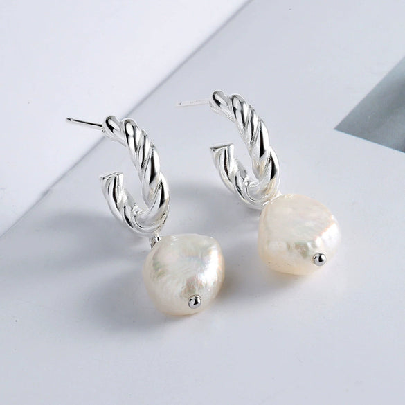 Stud Earrings 925 Sterling Silver Baroque Freshwater Pearl Geometric Electroplated