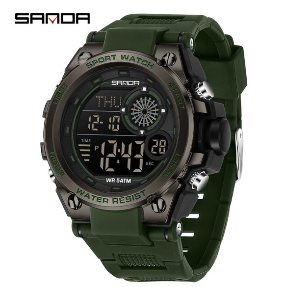 Student Multifunction Chronograph Sports Watch Abs Case Tpu Strap Acrylic Mirror Round Dial Digital Display Waterproof