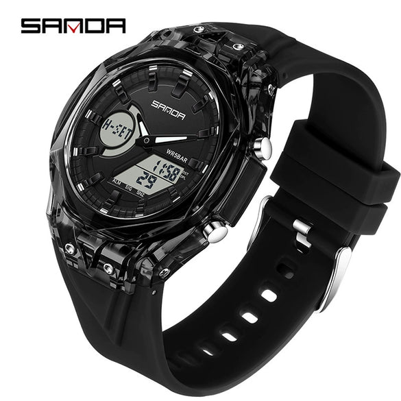 Student Multifunction Electronic Watch Tpu Strap Abs Case Acrylic Mirror Round Dial Sports Style Luminous Waterproof