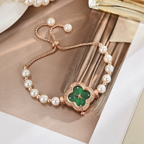 Student Watch Alloy Four Leaf Clover Pearl Decorated Gold Buckle